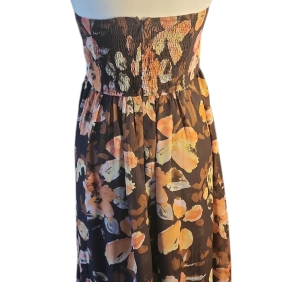 Storia Sheer Floral Brown printed Midi dress Bustier Ruffled Hem Large Strapless - Picture 7 of 10